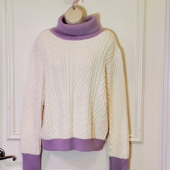 Tularosa Chunky Cream & Lavender Cable Knit Turtleneck Sweater, Size X-Large - Picture 6 of 15